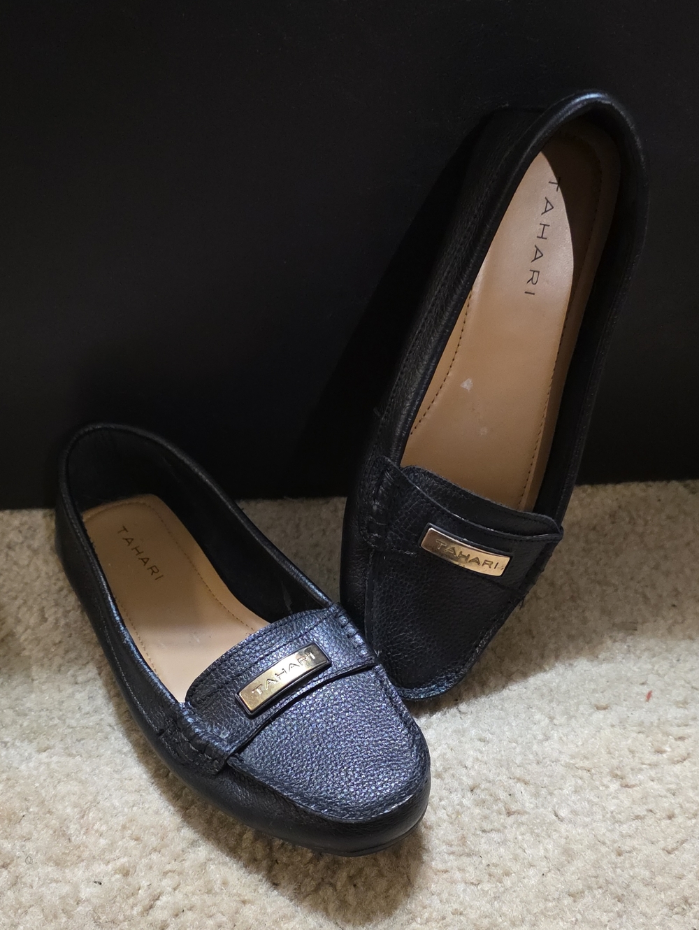 Tahari Black Pebbled Leather Loafers with Gold Plaque